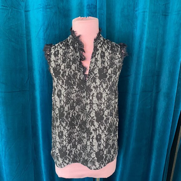 Who What Wear Lace Trim High Neck Top Black/Cream - Picture 2 of 7